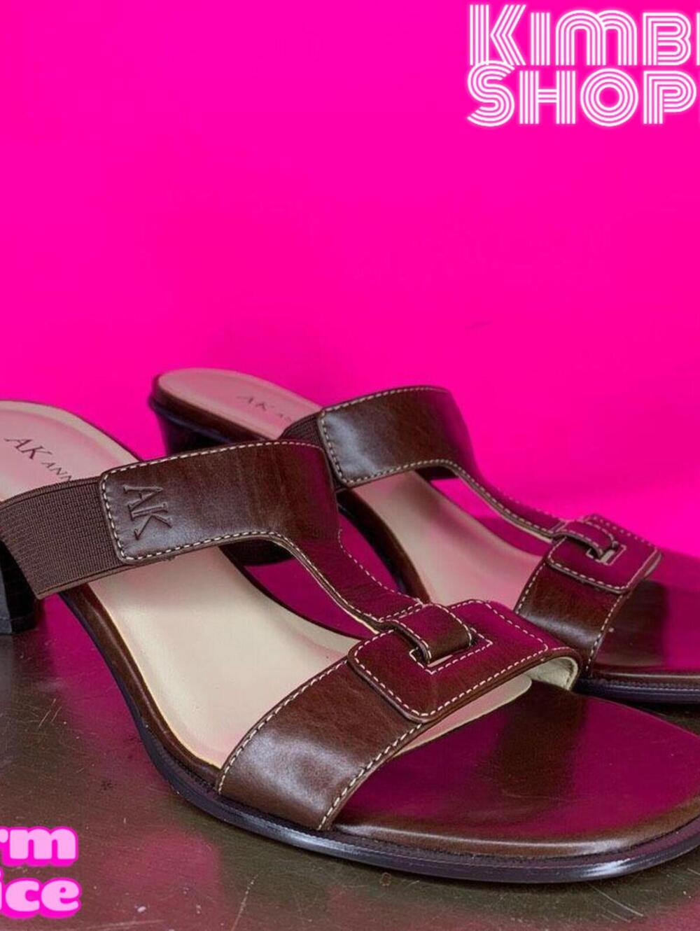 Anne Klein Belden Brown Leather Slip-On Open Toe Heeled Sandals US 7 UK 5 EU 37